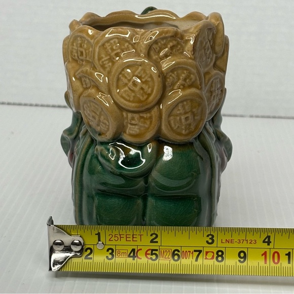 Good Luck Forest green Trunk Up Elephant With beige Coin Basket Planter 5” - Picture 9 of 9